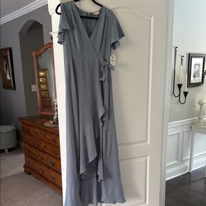Altar'd State Fusty Blue Asymmetrical Ruffled Maxi Dress